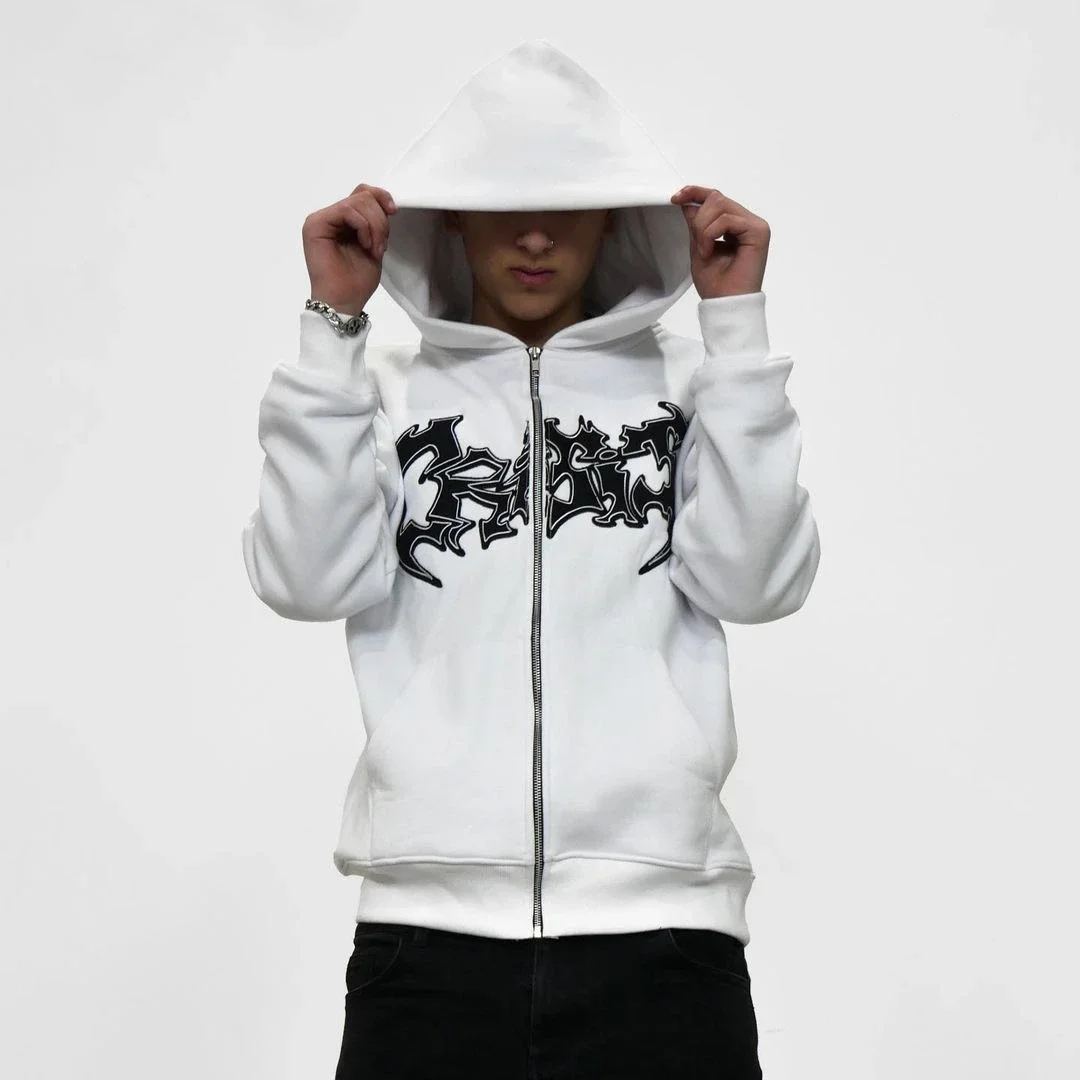 Top Trends: Y2K American Dark Style Niche Design White Loose Zipper Hoodie High Street Print Vibe Couple Jacket Clothing Wholesale / Retail Shoppable Styles