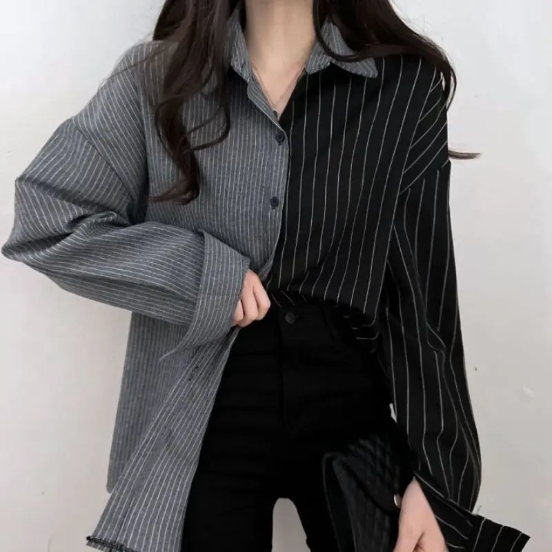 Top Trends: QWEEK Vintage Harajuku Striped Blouses Women Korean Autumn Oversized Patchwork Shirt Long Sleeve Fall Tops Ladies Street Fashion Shoppable Styles