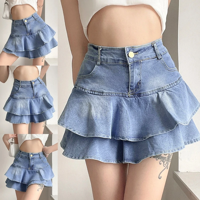 Top Trends: Women Summer High Waist A-Line Mini Cake Jeans Skirt Vintage Washed Pleated Ruffles Layered Tiered Casual Slim Denim Streetwear Shoppable Styles