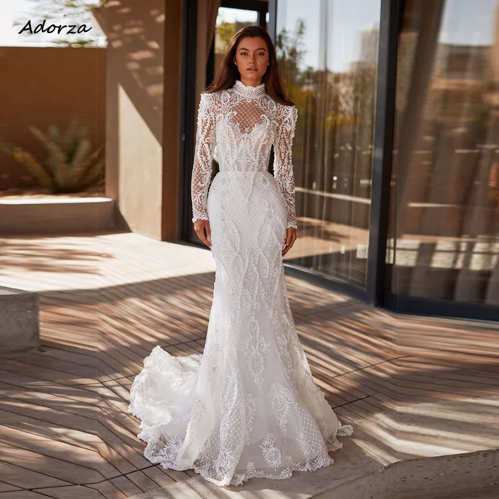 Top Trends: Charming Lace Mermaid Wedding Dress For Women Tulle Illusion High Neck Long Sleeve Bridal With Back Button Vestido De Novia Shoppable Styles