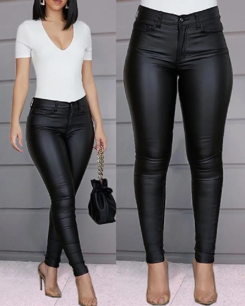 Top Trends: Sexy Women Elastic Solid Color Leggings PU Leather High Waist Stretch Close-fitting Trousers With Pockets Night Clubs Legging Shoppable Styles