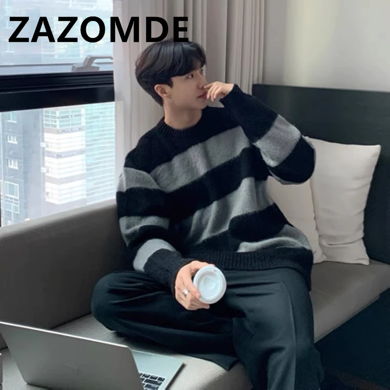 Top Trends: ZAZOMDE Autumn Stripe Sweater New Hip Hop Sweater Streetwear Loose Pullover O-Neck Tops Harajuku Couple Sweater Daily Knitwear Shoppable Styles