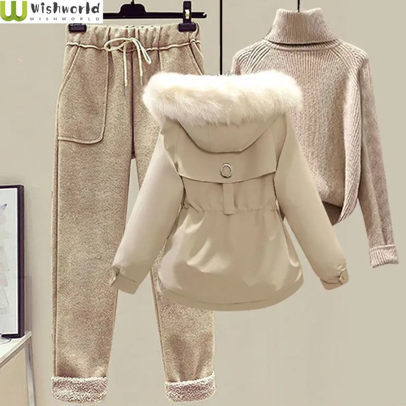 Top Trends: Autumn And Winter 2023 Korean Version Students With Wool Collar Down Cotton Coat Woolen Casual Pants Fashion Women's Suit Shoppable Styles