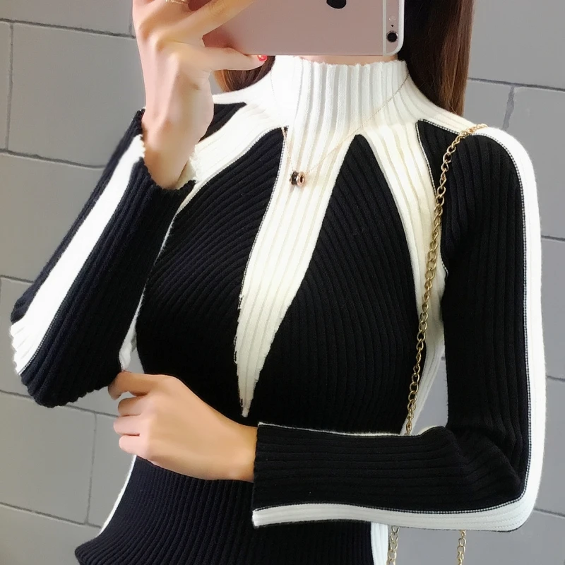 Top Trends: Autumn Winter Turtleneck Contrasting Colors Spliced Sweaters Female Fashion Office Lady Warm Knitted Jumpers Women's Clothing Shoppable Styles