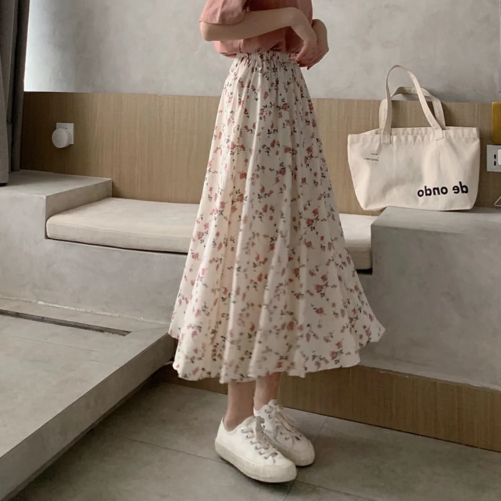 Top Trends: Pink Floral Skirt A-line Long Dress Wrapped Around The Knees Youth Girl Dresses Over Size (S-XXL) Elastic Waist Princess Dress Shoppable Styles