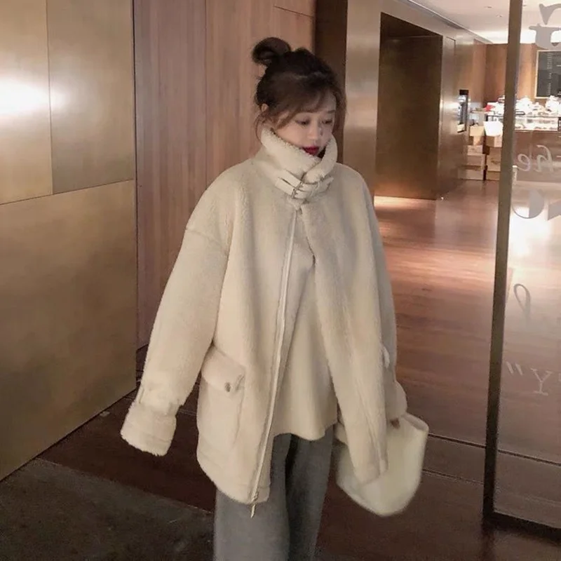 Top Trends: Lamb Wool Coat Female Winter Korean Loose Pockets Plush Thick Warm Parkas Women Cotton Padded Jacket Japanese Jackets White Shoppable Styles