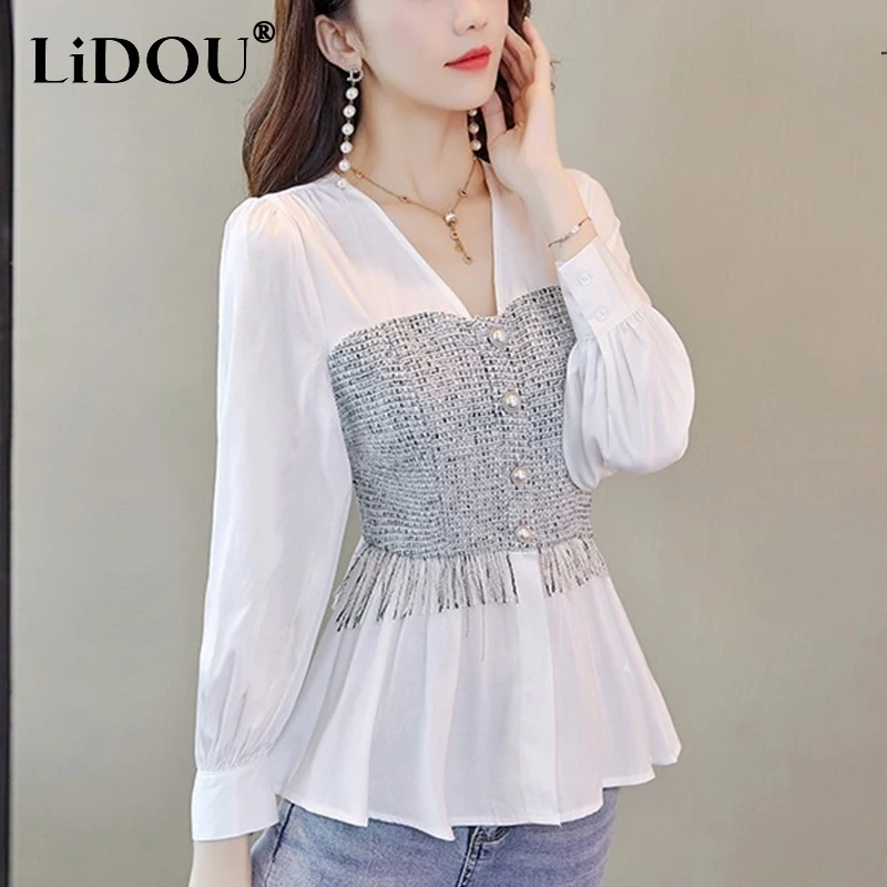 Top Trends: Spring Summer Casual Fashion Patchwork Long Sleeve Shirt Female V-neck Cardigan Top Women Elegant Tassel Buttons Blouse Femme Shoppable Styles