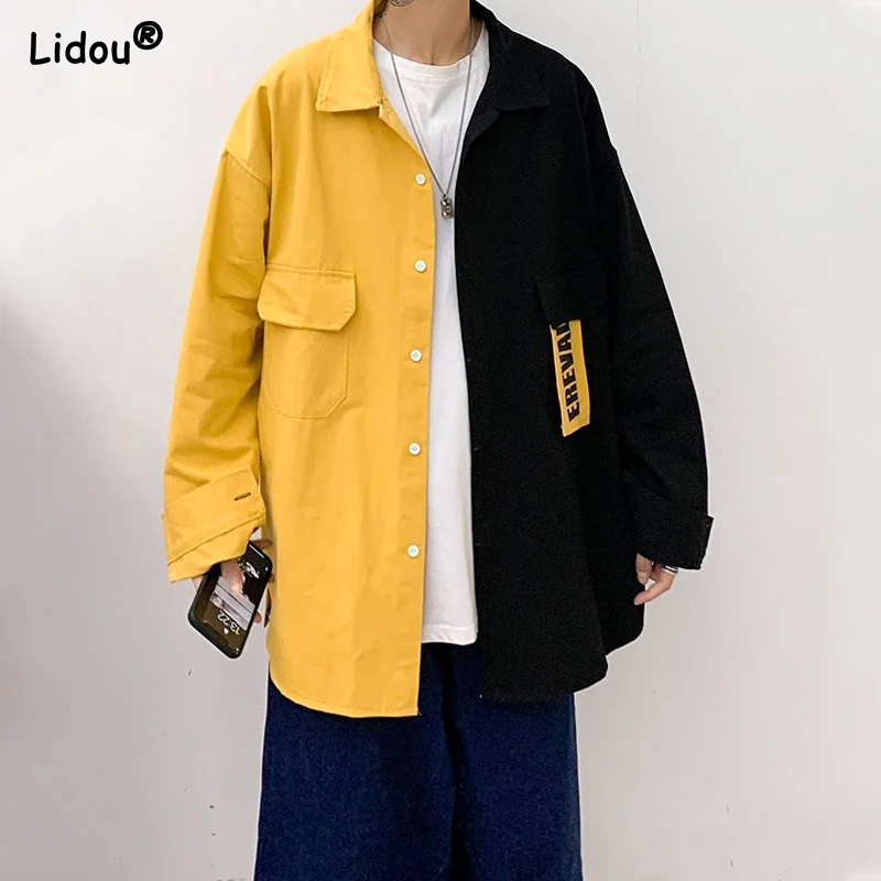 Top Trends: 2023 New Spring And Autumn Leisure Simple Flip Collar Letter Print Panel Contrast Loose Oversized Long Sleeved Men&#039;s Shirt Coat Shoppable Styles