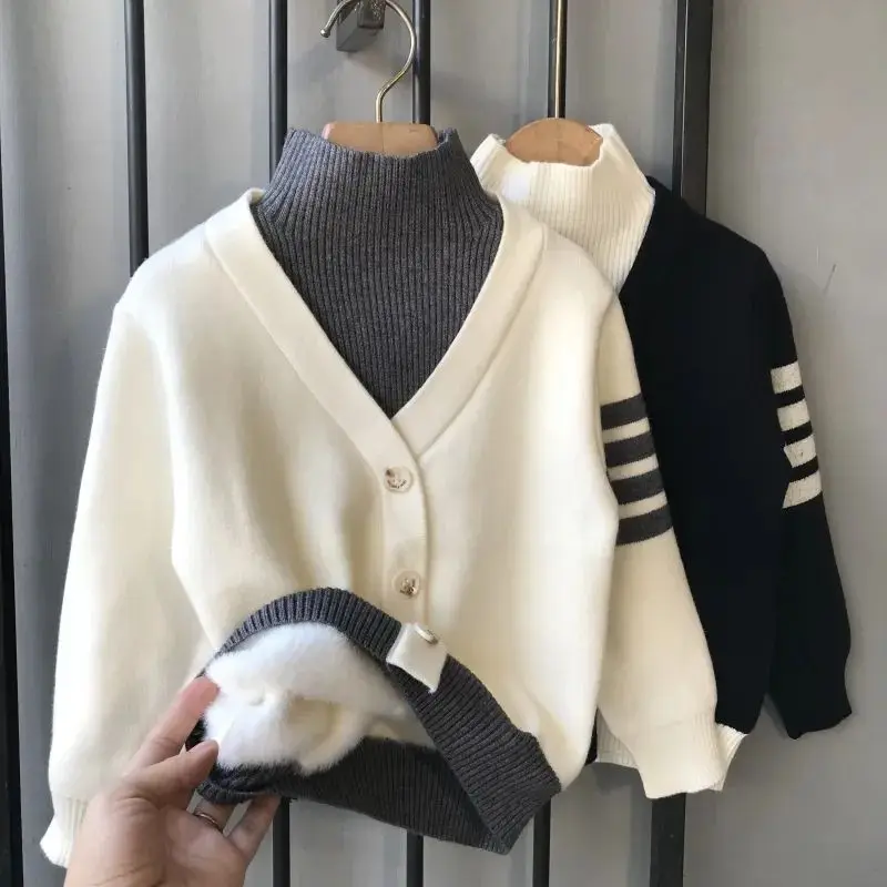 Top Trends: New Kids Clothes Boys Wool Liner Thick Crew Neck Long Sleeve Autumn Winter Korean Kawaii Solid Color Button Sweaters Jumpers Shoppable Styles