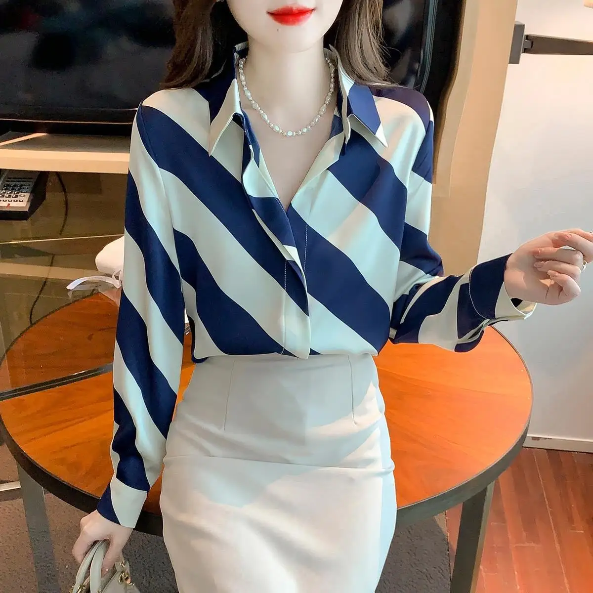 Top Trends: Korean Fashion Women Clothing Chiffon Striped Shirt Spring Summer Youth Chic Pretty Loose Elegant Office Lady Long Sleeve Blouse Shoppable Styles