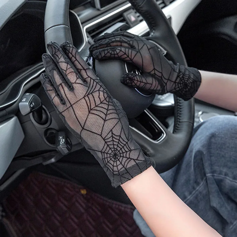 Top Trends: 1 Pair Black Cobweb Full Finger Gloves Women Sexy Transparentes Mesh Tulle Sun Anti-UV Halloween Gloves Female Driving Gloves Shoppable Styles