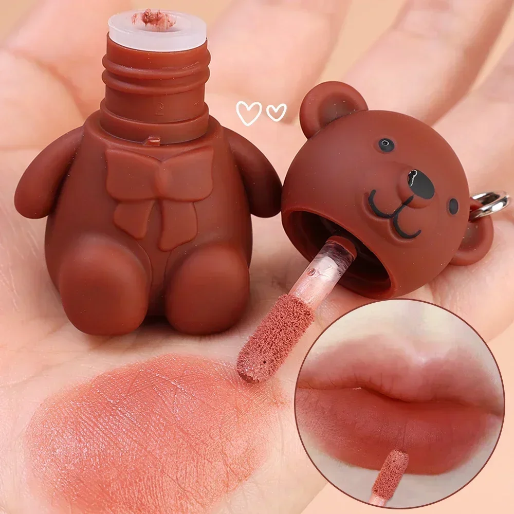 Top Trends: Cute Bear Keychain Lip Mud Matte Velvet Mousse Grey Pink Lipstick Waterproof Long Lasting Non-Stick Cup LipGloss Korean Cosmetic Shoppable Styles