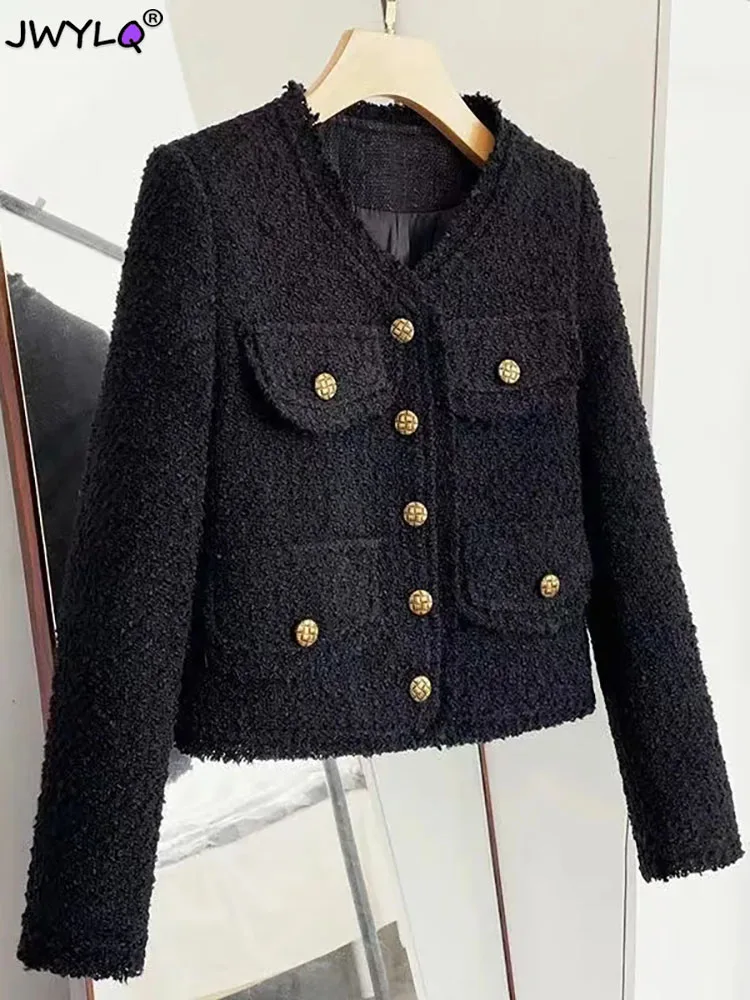 Top Trends: Vintage Small Fragrant Tweed Jacket Women Autumn Winter Woolen Short Black Jacket Streetwear 2023 Fashion Slim Outwear Crop Tops Shoppable Styles