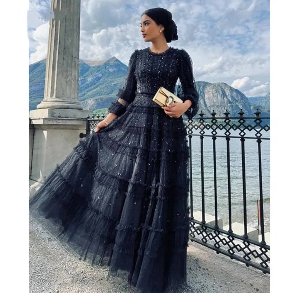 Top Trends: Elegant Black A-Line Long Sleeves Prom Dresses Tulle Beaded O-Neck Formal Evening Gown Party Dresses For Women Robes De Soirée Shoppable Styles