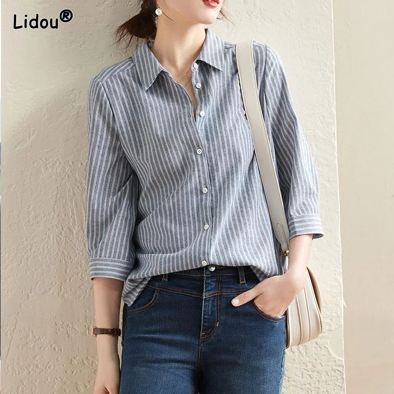 Top Trends: Casual Striped Blouses Bottoming Women Shirt Thin Loose Straight Spring Summer Fashion Wild Women's Clothing 2022 Temperament Shoppable Styles