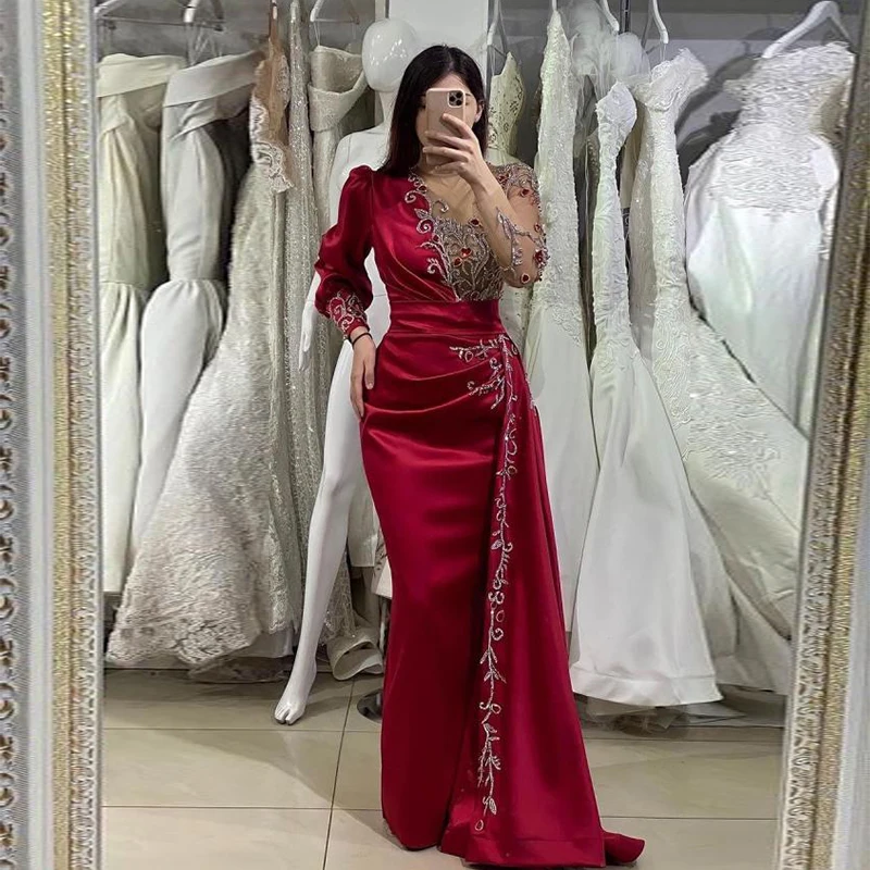 Top Trends: 2023 Women&#039;s Mermaid Evening Dresses Wine Red Long Sleeve Satin Pleated Applique Prom Gowns Fashion Celebrity Formal Party Robe Shoppable Styles