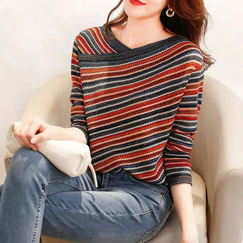 Top Trends: Female Clothing Vintage Striped Pullovers Contrasting Colors Casual V-Neck Asymmetrical Spring Autumn Straight Knitted T-shirt Shoppable Styles