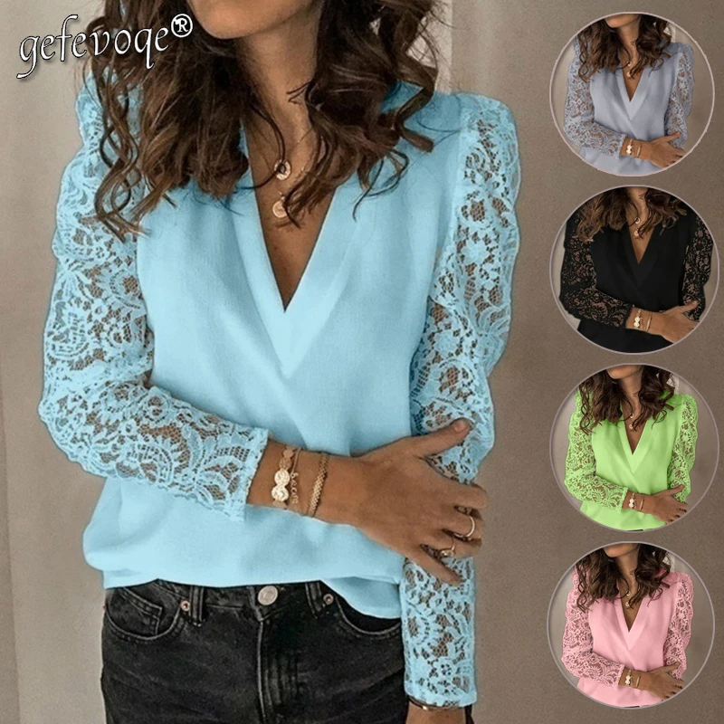 Top Trends: Women Street Casual Solid Color T-Shirt Lace Long Sleeve Chiffon Elegant Tops Loose Pullover V-Neck Party Fashion Tun Shoppable Styles