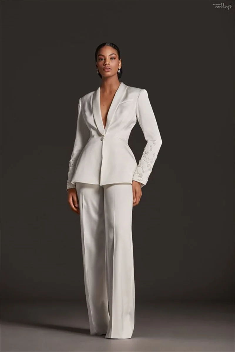 Top Trends: White Women Suit 2 Pieces Appliqued Blazer+ Straight Pants Formal Wedding Tuxedos V Neck One Button Custom Made Party Prom Dress Shoppable Styles