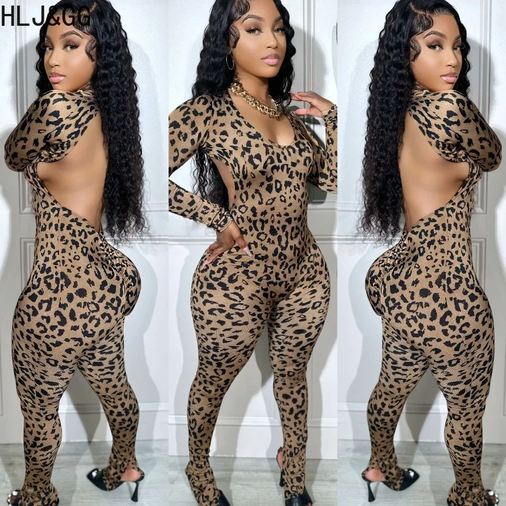 Top Trends: HLJ&amp;GG Sexy Backless Lace Up Leopard Bodycon Jumpsuits Women O Neck Long Sleeve Skinny Pants One Piece Playsuits Fashion Overall Shoppable Styles