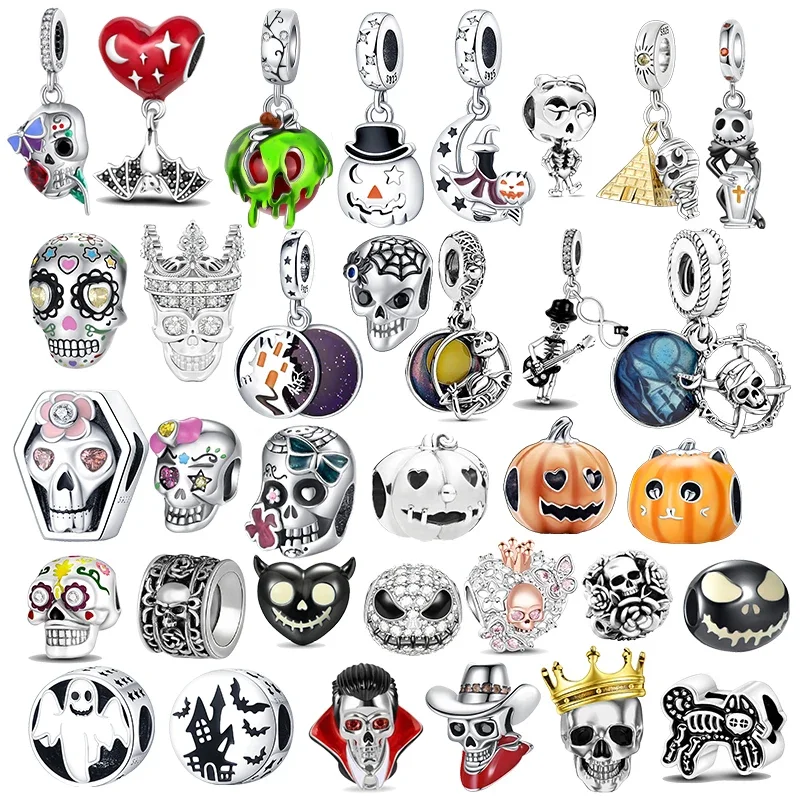 Top Trends: 925 Silver Halloween Skull Bat Pumpkin Boutique Pendant Fit Pandora Original Bracelet Charm Beads Necklace Diy Female Jewelry Shoppable Styles