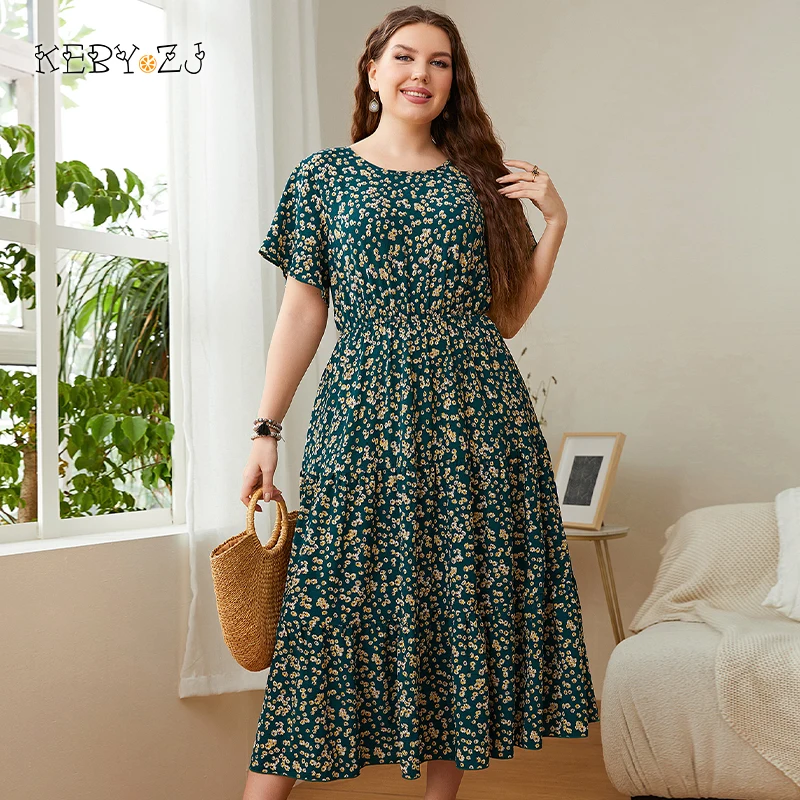 Top Trends: KEBY ZJ Big Size Women&#039;s Clothing Dress Summer O-Neck Floral Print Midi Dresses Urban Elegant Casual Ladies Plus Size Long Dress Shoppable Styles