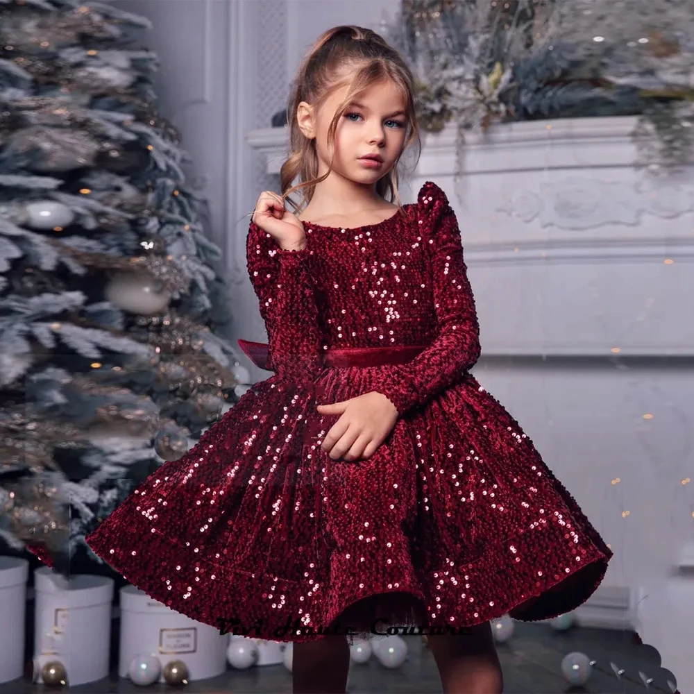 Top Trends: Burgundy Full Sleeve Flower Girls Dresses With Sequined 2023 Tiered Velvet Christmas Gowns Ttutu Knee Length فلور فتاة اللباس Shoppable Styles