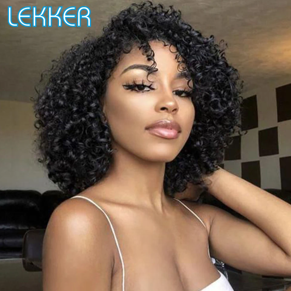 Top Trends: Lekker Short Afro Kinky Curly Bob Human Hair Wig For Women Brazilian Remy Hair Natural Black Non Lace Glueless Jerry Curly Wigs Shoppable Styles