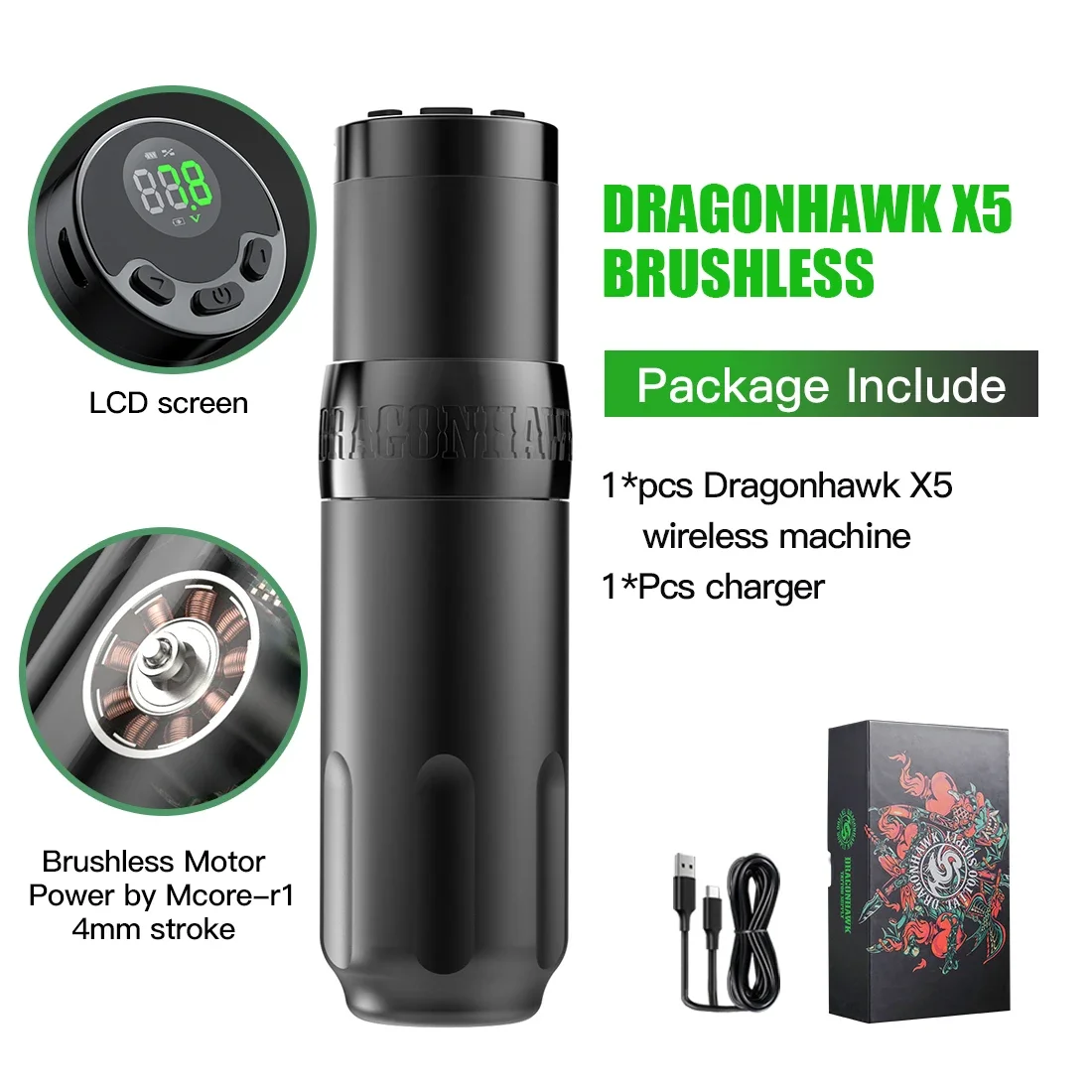 Top Trends: Dragonhawk X5 4.0mm Wireless LED Display Rotary Brushless Motor Tattoo Machine Pen Battery Body Art Permanent Makeup Tattoo Gun Shoppable Styles