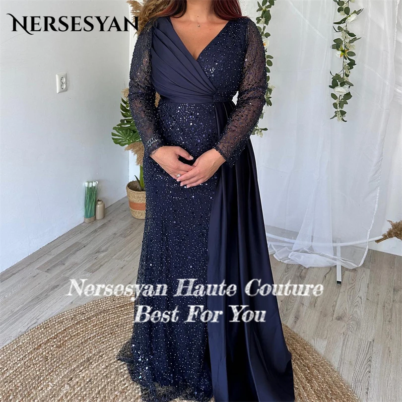 Top Trends: Nersesyan Fashion Navy Blue Satin Formal Evening Gowns Shiny Sequins Long Sleeves V-Neck Party Dresses A Line 2023 Prom Dress Shoppable Styles - Image 2