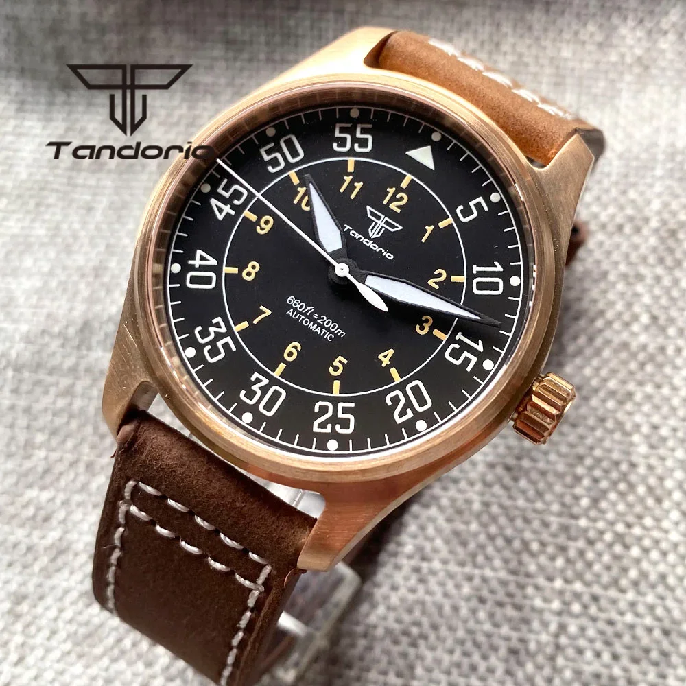 Top Trends: Tandorio CUSN8 Bronze / Stainless Steel 200m Pilot PT5000 NH35A Automatic Dive Men Watch Sapphire Glass Black Dial Leather Strap Shoppable Styles