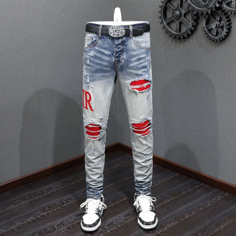 Top Trends: Street Fashion Men Jeans High Quality Retro Light Blue Stretch Skinny Ripped Jeans Men Red Patched Designer Hip Hop Brand Pants Shoppable Styles