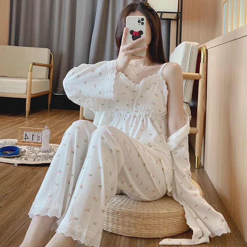 Top Trends: Lace Patchwork Cotton Maternity Nursing Sleepwear Elegant Loose Pajamas Suit For Pregnancy Women Home Sleep Lounge Wear 3PCS Set Shoppable Styles - Image 5