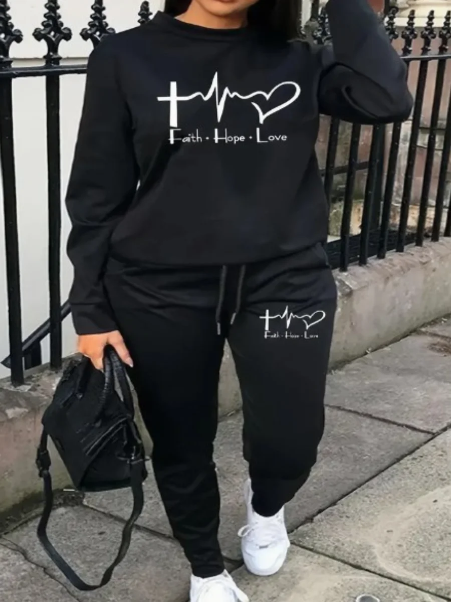 Top Trends: LW Plus Size Two Pieces Sets Autumn Winter Long Sleeve Letter Print Sweatshirt + Pants Two-piece Set Female Oversized Trouser Se Shoppable Styles