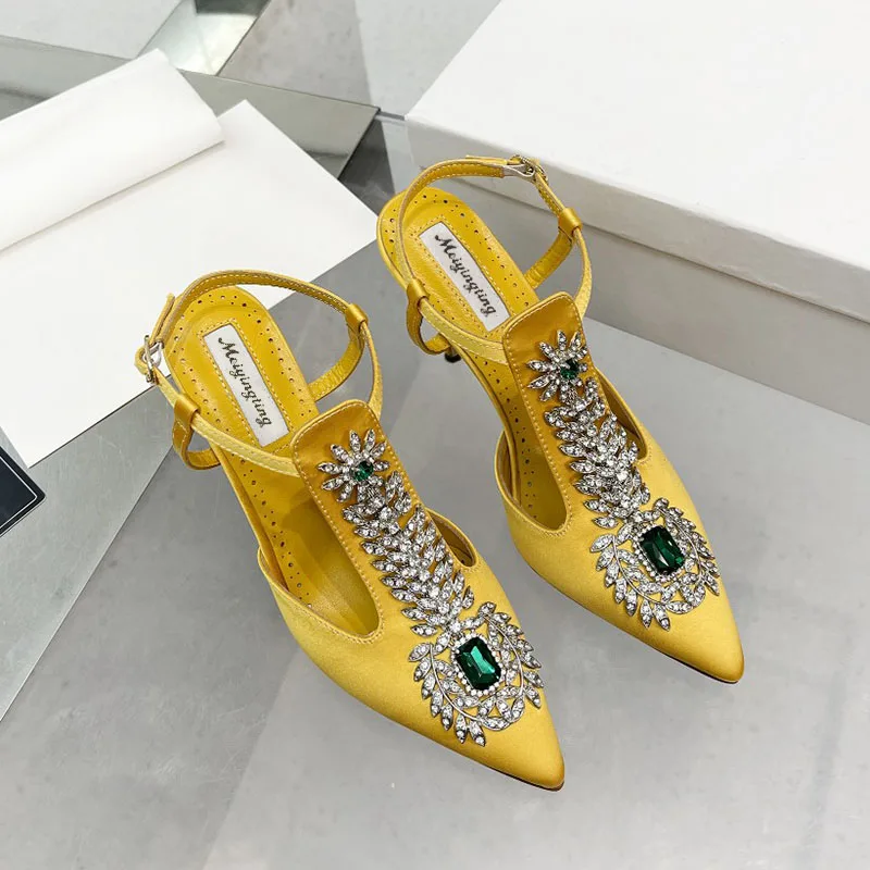 Top Trends: Ladies Wedding Shoes Rhinestone Pointed Toe High Heels Satin Gemstone Stiletto Sandals 2022 New Baotou Fairy Pump Wedding Shoes Shoppable Styles - Image 2