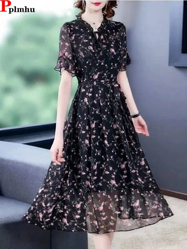 Top Trends: Oversized 6xl Chiffon Floral Midi Dress Women Summer New Boho Robe Elegant Short / Long Sleeve Vestidos Korean Ruffle Neck Dresses Shoppable Styles