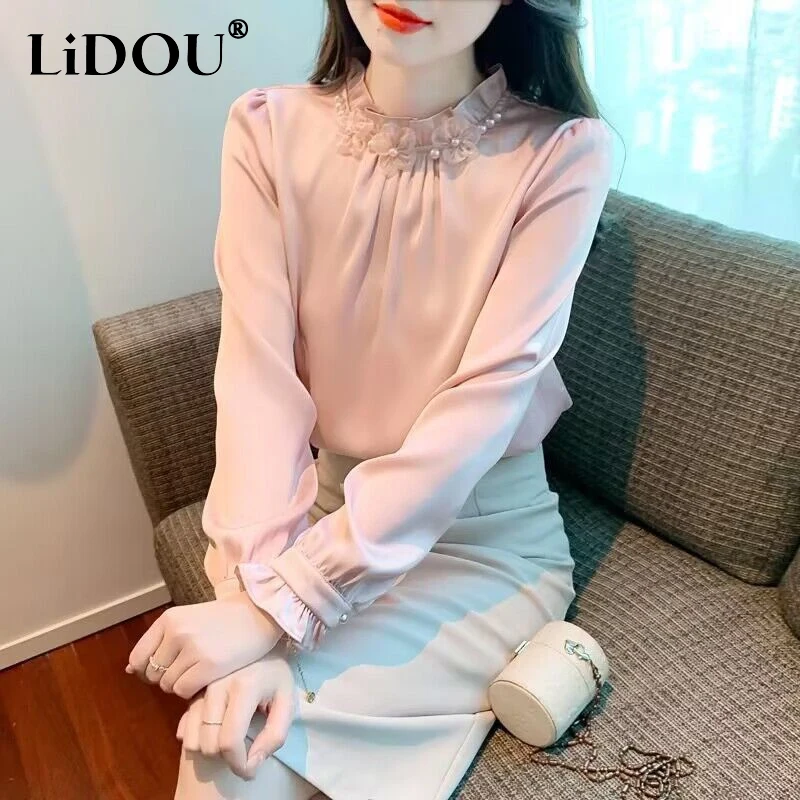 Top Trends: 2023 Spring Autumn Stand Collar Fashion Solid Color Long Sleeve Blouse Women Elegant Pleated Edible Tree Fungus All-match Shirt Shoppable Styles