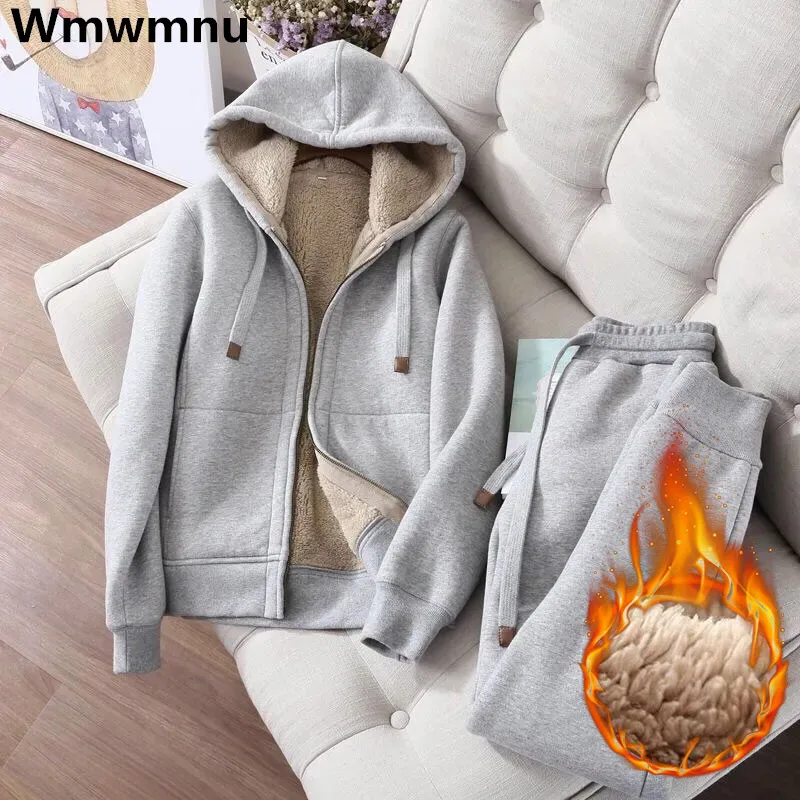 Top Trends: Winter Thick Lambwool Tracksuit Womens Plush Warm Casual Sweatshirt Tops Two Piece Sets Fleece High Waist Jogger Pants Conjuntos Shoppable Styles