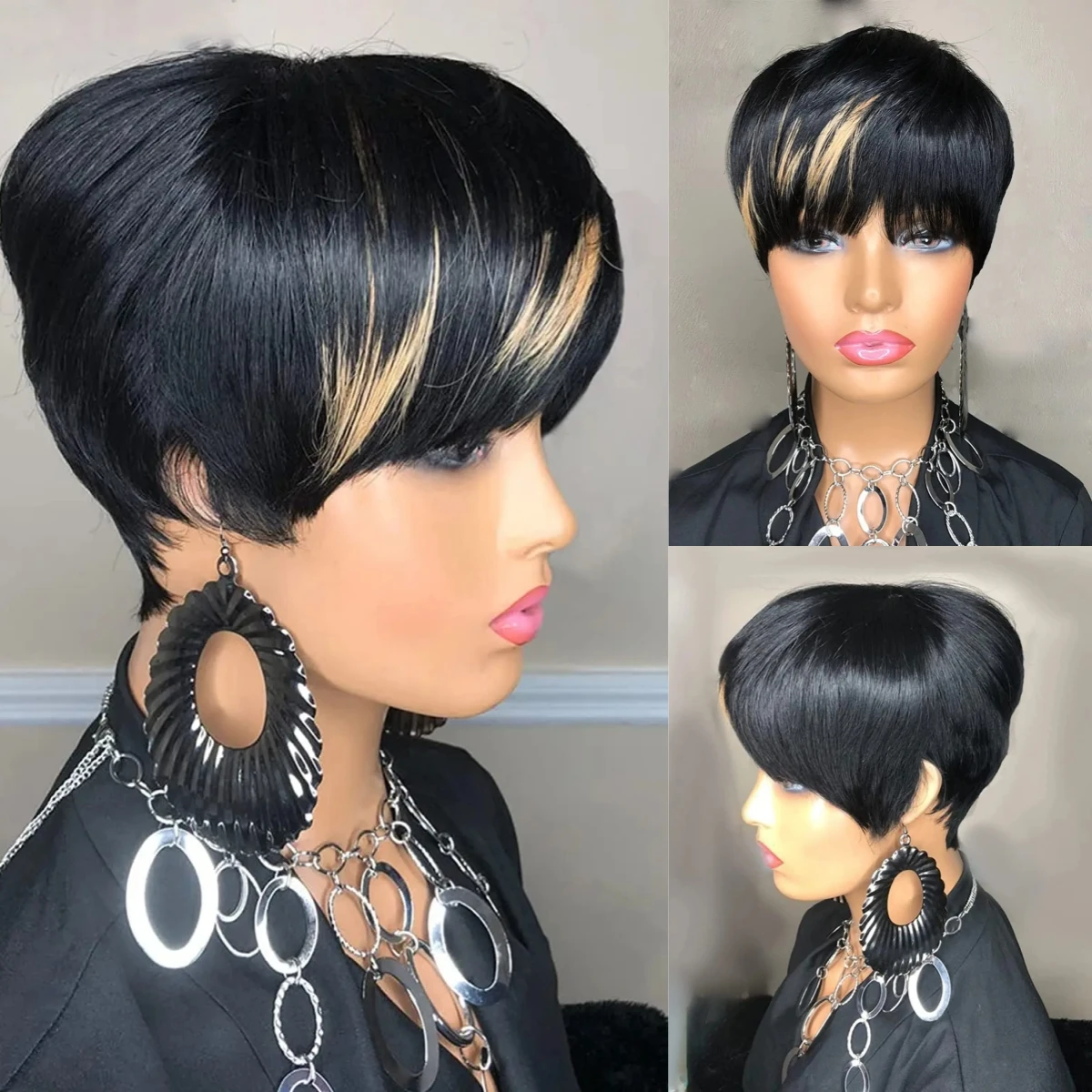 Top Trends: Ombre Black Honey Blonde Highlight Synthetic Pixie Cut Hair Style Short Straight Bob Wigs Short Wigs With Bangs For Black Women Shoppable Styles