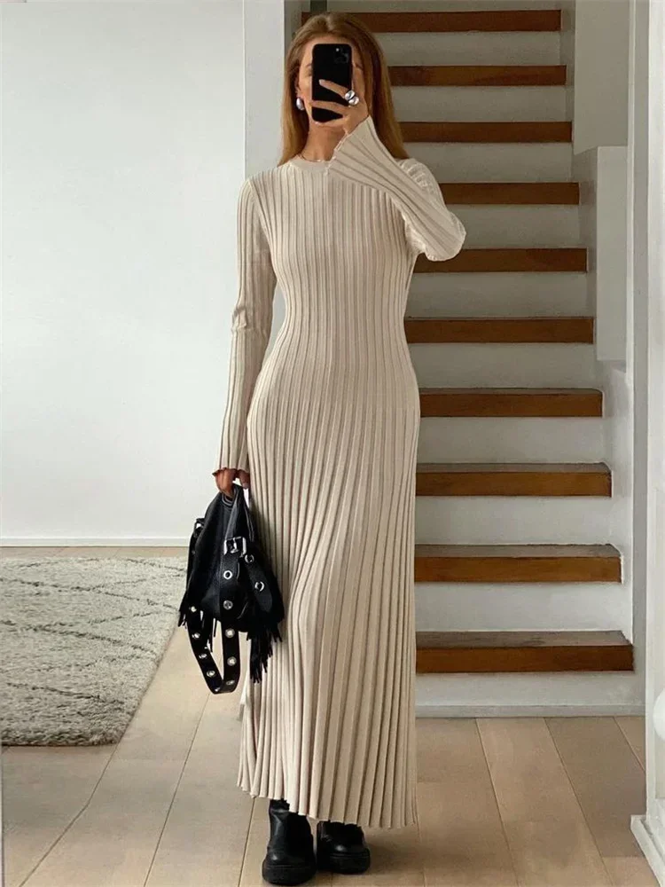 Top Trends: Tossy Lace-Up Female Knit Maxi Dress Autumn High Waist Fashion Patchwork Long Sleeve Loose Solid Dress Bandage Knitwear Dress Shoppable Styles