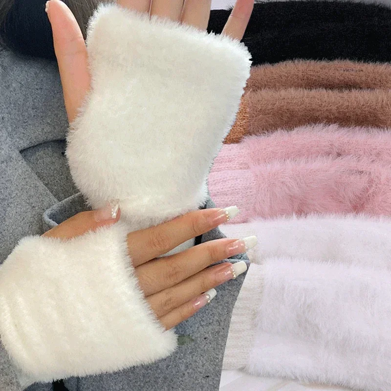 Top Trends: 2023 New Winter TouchScreen Plush Warm Gloves Women&#039;s Men&#039;s Outdoor Warm Stretch Furry Mittens Wool Half Finger Fingerless Shoppable Styles