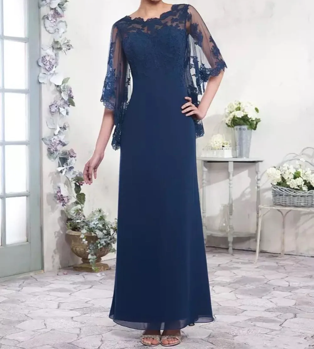 Top Trends: Navy Blue Mother Of The Bride Dress O-Neck Chiffon A-Line Cape Half Sleeve Lace Applique Formal Wedding Evening Mother Gowns New Shoppable Styles