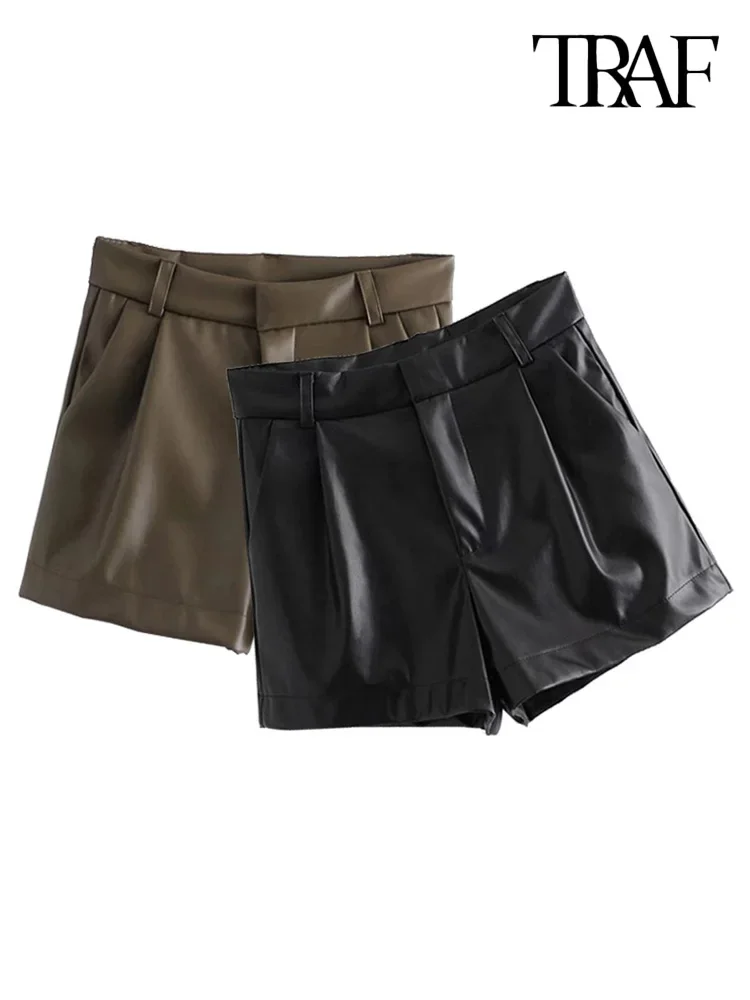 Top Trends: NMZMWomen Chic Fashion Side Pockets Faux Leather Shorts Vintage High Waist Zipper Fly Female Short Pants Mujer Shoppable Styles