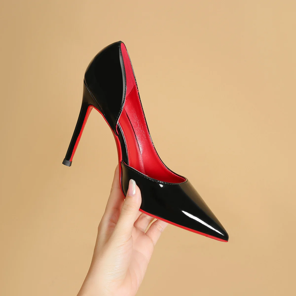 Top Trends: Side Empty Red Bottom Black High-heeled Shoes Women&#039;s New Sexy Temperament Nightclub Pointed Patent Leather Shallow Single Shoes Shoppable Styles