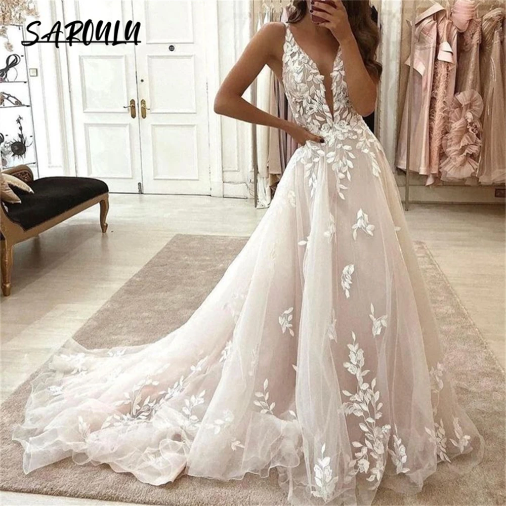 Top Trends: Pink Lining A Line Lace Wedding Dress With Floral Lace Appliques Long Court Train Bride Dresses Vestidos De Novia Bridal Gown Shoppable Styles