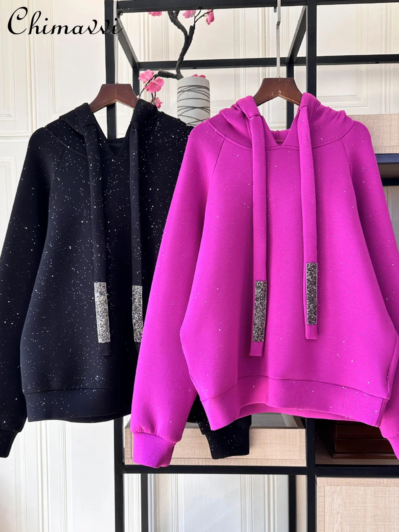 Top Trends: Autumn Hooded Rhinestone Streamer Long Sleeve Memory Cotton Sweatshirt Women Luxury Fashion Pullover Streetwear Casual Clothes Shoppable Styles