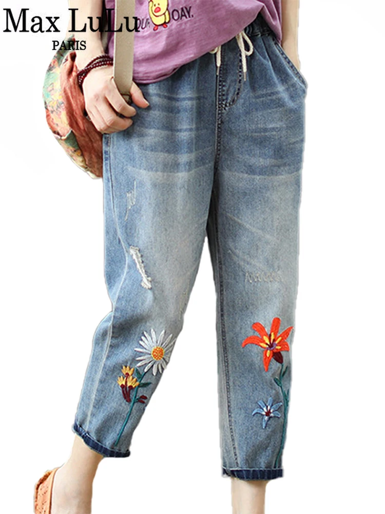 Top Trends: Max LuLu 2023 New Fashion Summer Ladies Elastic Jeans Women Casual Floral Embroidery Denim Trousers Female Oversized Harem Pants Shoppable Styles