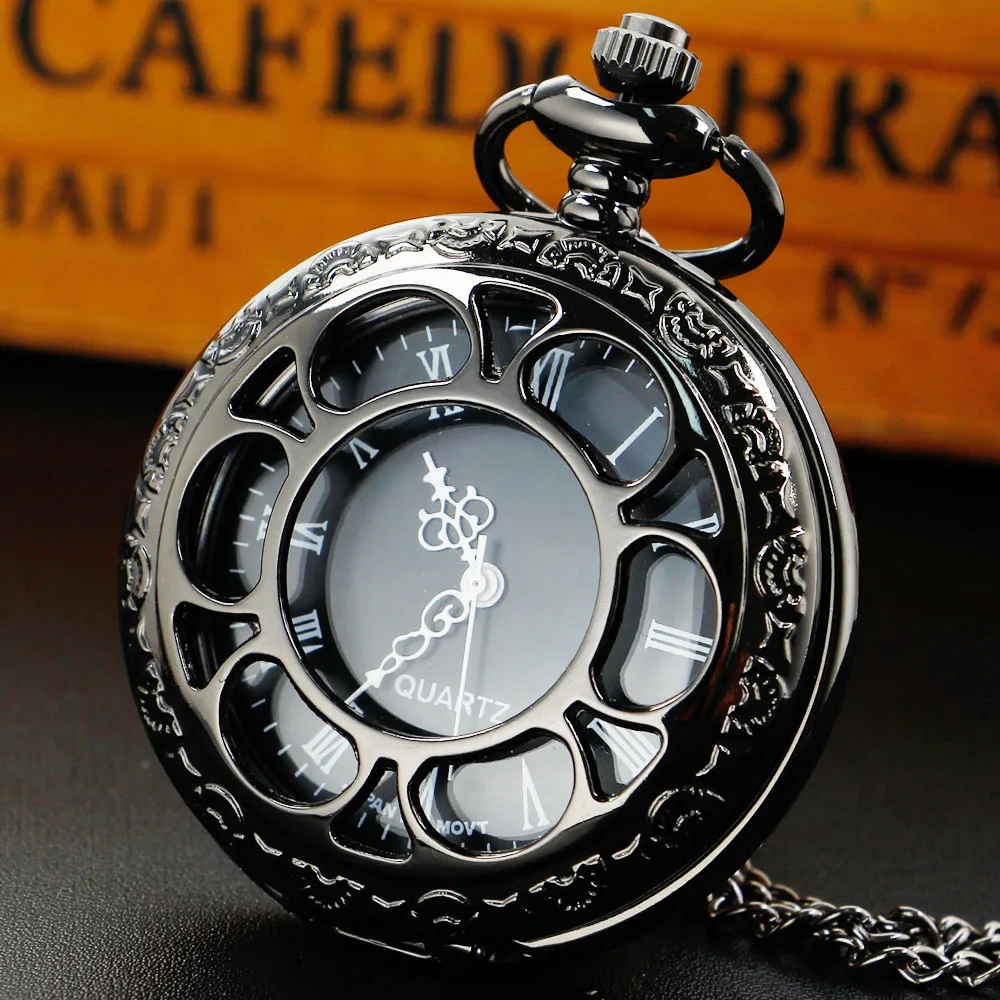 Top Trends: New Hollow Black Vintage Quartz Pocket Watch Alloy Material Casual Fashion Steampunk Pockets Chain Watches Gift For Men Women Shoppable Styles