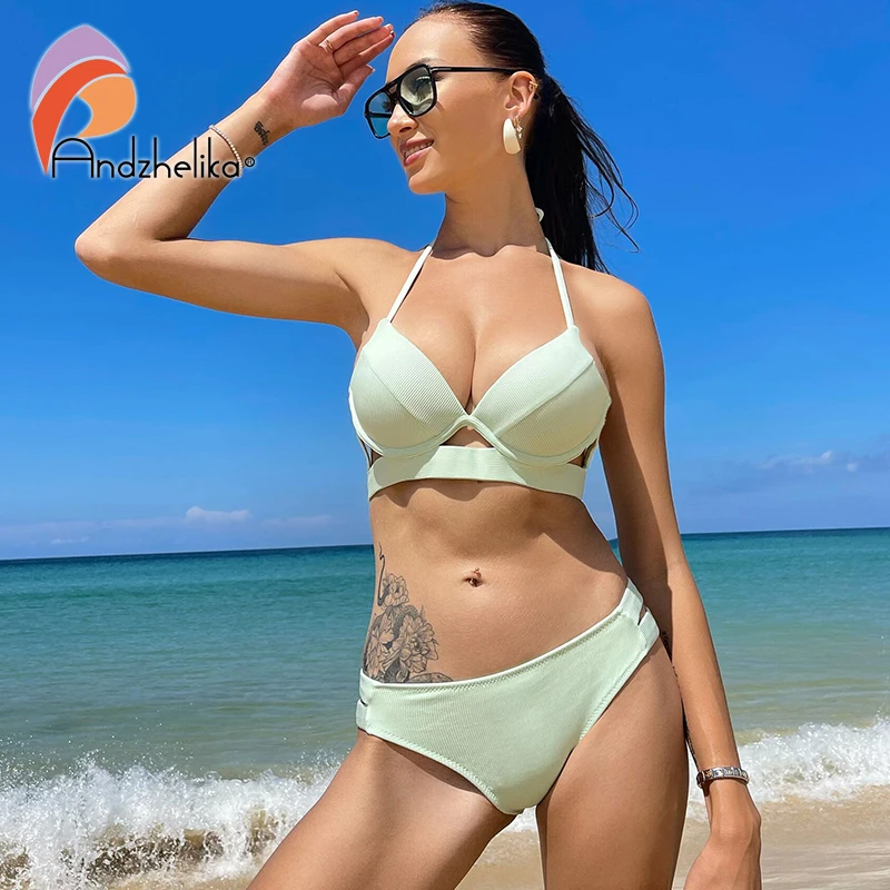 Top Trends: Andzhelika Solid Push Up Bikinis Women Bandage Bikini Sets Swimsuit Sexy Halter Two Pieces Beachwear 2022 Bathing Suit Swimwear Shoppable Styles - Image 4