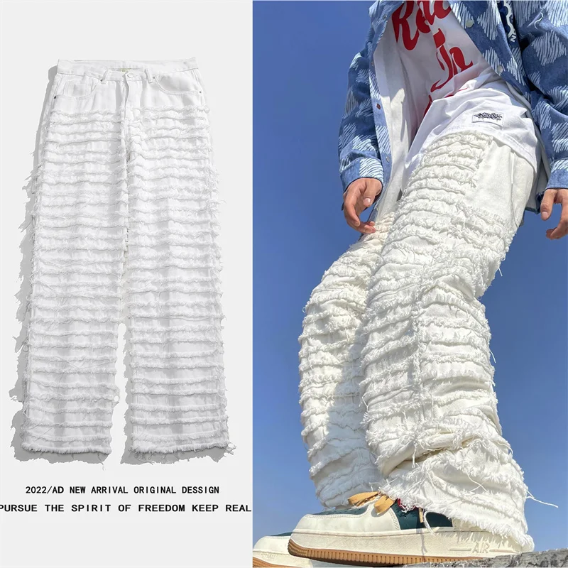 Top Trends: American Street Hip-hop Heavy Industry Ripped Men&#039;s Jeans 2023 Spring Straight Loose Vibe Style Skateboard White Flared Pants Shoppable Styles